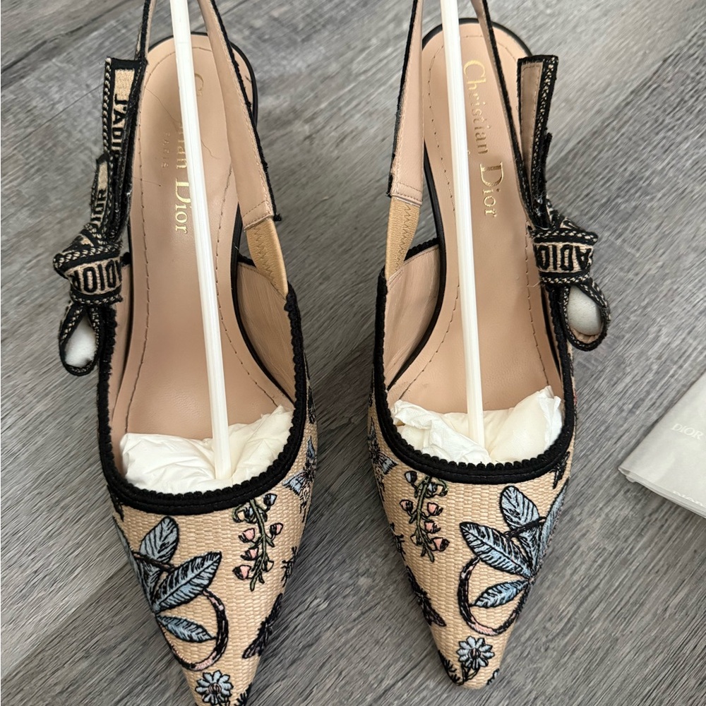Slingback Dior Raffia Cabinet Beige and Black Embroidered Heels